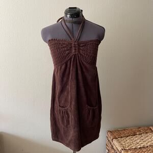 y2k brown terry cloth halter mini dress vintage 2000s boho mcbling fairy